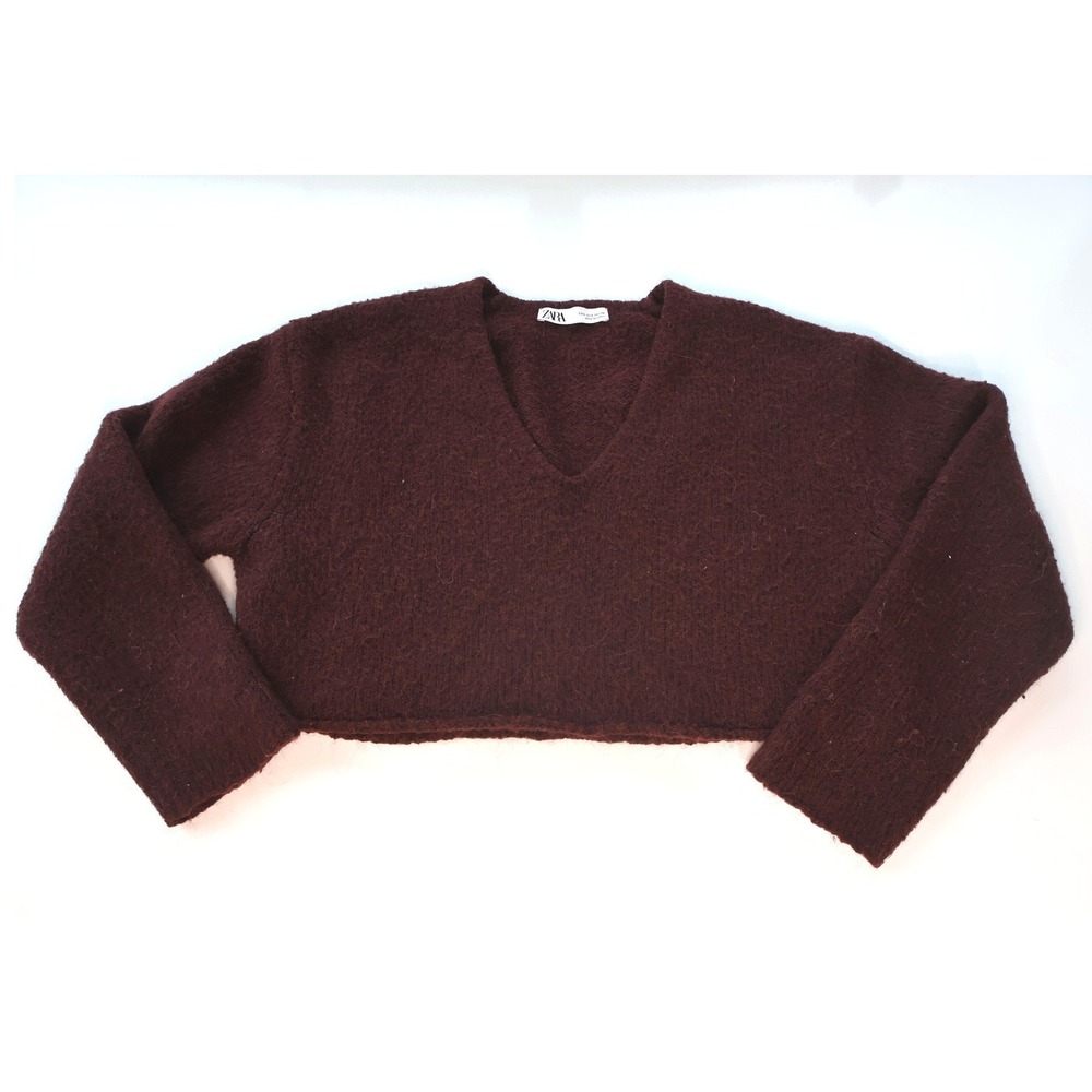 Zara Alpaca Wool Blend Crop Knit V-Neck Red Burgundy Sweater Size Small